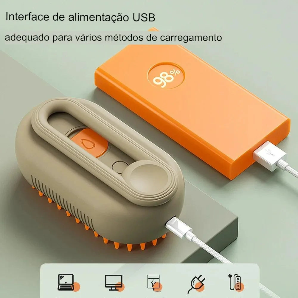 Escova Elétrica a Vapor para Gatos – Pente 3 em 1 para Higiene de Animais de Estimação com Spray de Água para Cães e Gatos, Recarregável